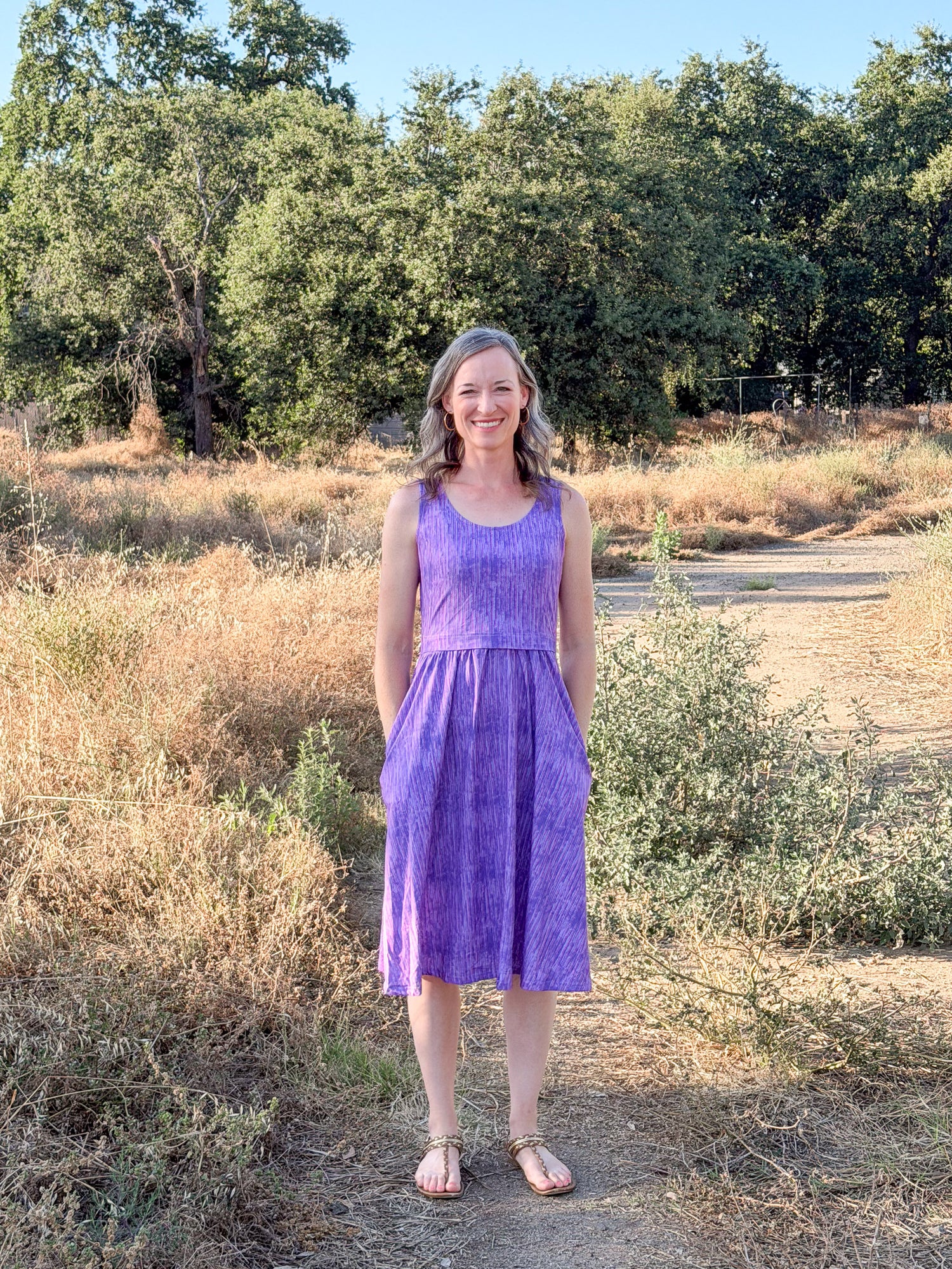 Thistle purple sleeveless nursing dress front view